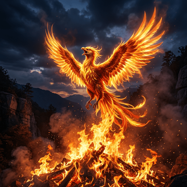 A fiery phoenix soaring upwards from a large bonfire against a dark mountainous background